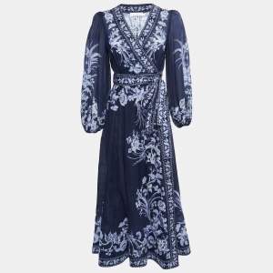 Pre Owned Zimmermann Blue Printed Cotton Wrap Maxi Dress M