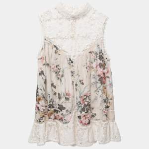 Zimmermann Multicolor Floral Printed Cotton Lace Inset Top S