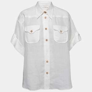 Pre Owned Zimmermann White Ramie Pocket-Detail Short-Sleeve Shirt L
