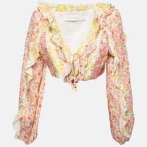 Zimmermann Multicolor Floral Linen Ruffle Trimmed Goldie Cropped Top L