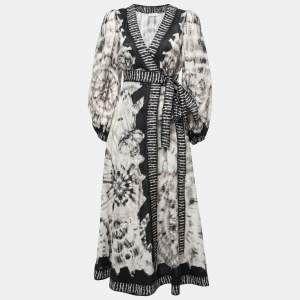 Zimmermann Black/White Linen Tie Dyed Wrap Midi Dress S