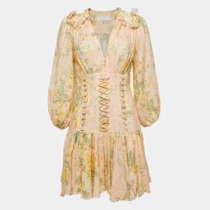 Zimmermann Light Pink Floral Printed Linen Ruffled Mini Dress M