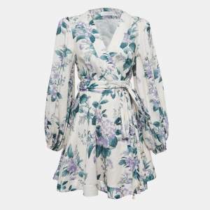 Zimmermann Off White Floral Printed Linen Wrap Mini Dress L