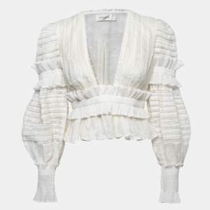 Pre Owned Zimmermann Cream Lace Embroidered Linen Blend Top M