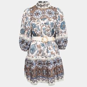 Zimmermann Blue Printed Linen High Neck Belted Mini Dress L