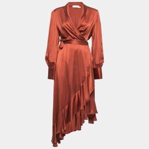 Pre Owned Zimmermann Rust Brown Silk Satin Wrap Midi Dress M