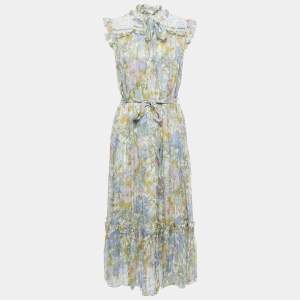 Zimmermann Multicolor Floral Printed Silk Tie Detail Midi Dress L