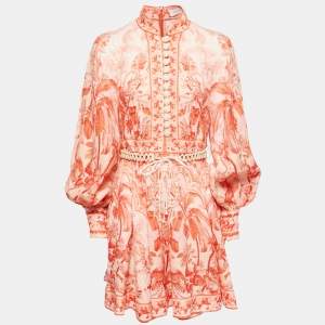 Pre Owned Zimmermann Orange Floral Printed Linen Wooden Beads Belted Mini Dress M