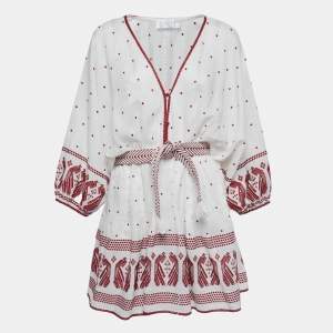 Zimmermann White/Brown Embroidered Linen Belted Waist V-Neck Mini Dress L