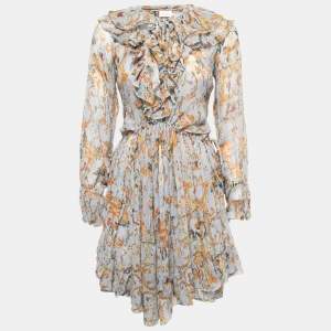 Zimmermann Blue Floral Printed Crinkled Chiffon Ruffled Drawstring Dress S