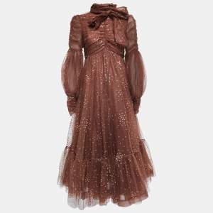 Zimmermann Brown Glitter Tulle Ruched Tempo Midi Dress M