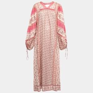 Zimmermann Pink Paisley Printed Cotton Long Puff Sleeve V-Neck Maxi Dress M
