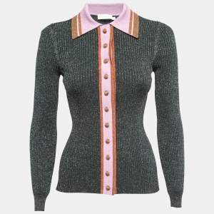Zimmermann Green Ribbed Lurex Knit Long Sleeve Collared Top S
