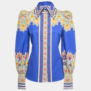 Zimmermann Blue Floral Printed Cotton Embellished Shirt S