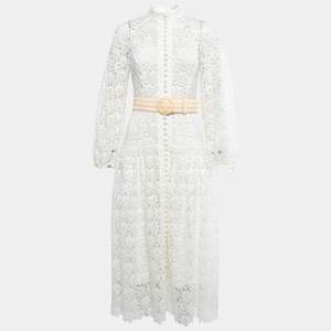 Pre Owned Zimmermann White Floral Lace Button Detail Belted Midi Dress M