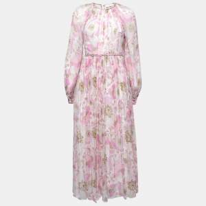 Zimmermann Pink Floral Printed Silk Chiffon Braid Detailed Long Sleeve Gown M