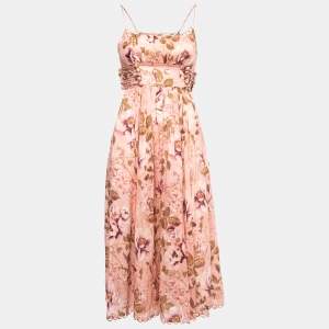 Zimmermann Pink Floral Print Linen Strappy Midi Dress S
