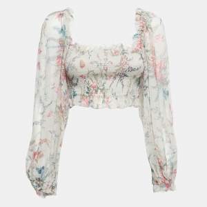 Zimmermann Multicolor Printed Silk Chiffon Shirred Long Sleeve Crop Top M