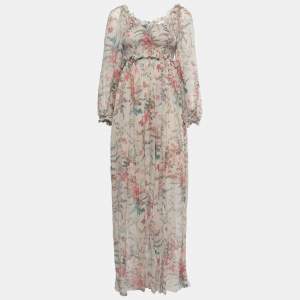 Zimmermann Multicolor Printed Silk Chiffon Shirred Long Sleeve Maxi Dress S
