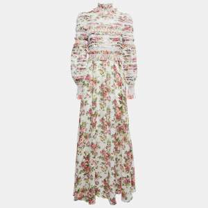 Pre Owned Zimmermann White Floral Printed Linen & Silk Long Sleeve Maxi Dress M
