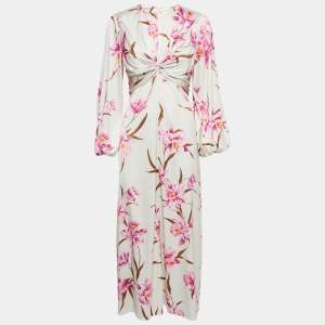 Zimmermann Off-White Orchid Print Silk Blend Ruched Midi Dress M
