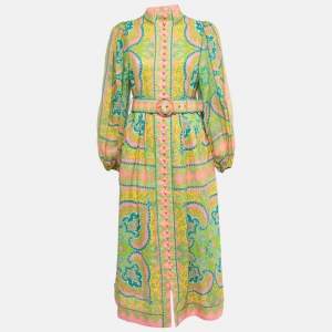 Pre Owned Zimmermann Pink/Multicolor Paisley Printed Linen Belted Midi Dress M