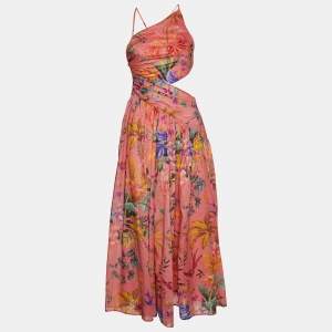 Pre Owned Zimmermann Pink Tropical Printed Cotton One Shoulder Maxi Dress XS