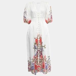 Pre Owned Zimmermann White Floral Print Linen Button Front Midi Dress M