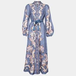 Pre Owned Zimmermann Blue Floral Printed Linen Vitali Belted Maxi Dress M