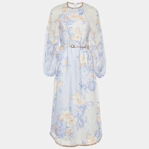 Zimmermann Light Blue Printed Linen Chain Detail Belted Postcard Midi Dress XS