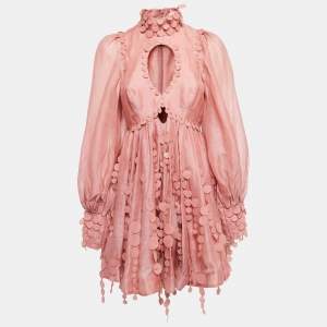 Zimmermann Pink Linen & Cotton Concert Disc Embellished Cut-Out Mini Dress M