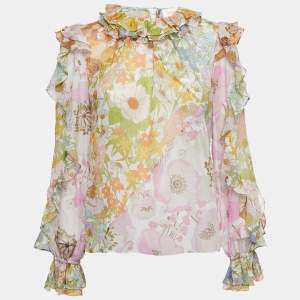 Pre Owned Zimmermann Multicolor Floral Printed Cotton & Silk Ruffled Blouse M