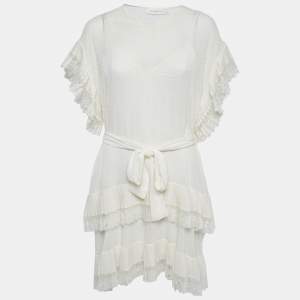 Zimmermann White Dotted Chiffon Belted Mini Dress L