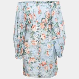 Zimmermann Blue Floral Printed Linen Off Shoulder Mini Dress M