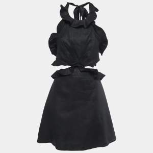 Zimmermann Black Linen Ruffled Tie-Back Mini Dress M