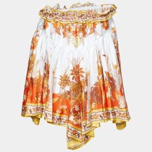 Pre Owned Zimmermann White Floral Printed Silk High Low Hem Mini Skirt S