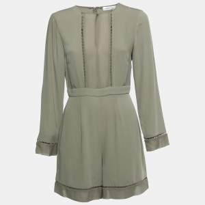 Pre Owned Zimmermann Olive Green Crepe Chiffon Trimmed Long Sleeve Playsuit M