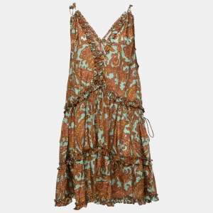 Zimmermann Brown All-Over Print Silk Sleeveless Ruffled Mini Dress L