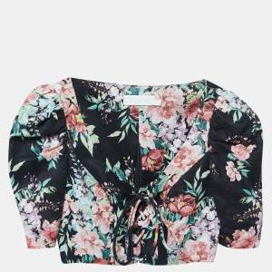 Zimmermann Black Floral Printed Linen Lace-Up Crop Top S