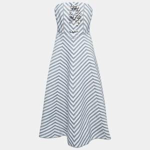 Zimmermann White/Blue Striped Cotton Blend Strapless Midi Dress L
