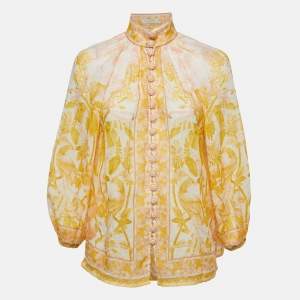 Pre Owned Zimmermann Yellow Floral Print Ramie Buttoned Long Sleeve Blouse S