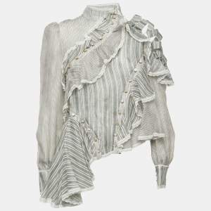 Zimmermann White Striped Silk Blend Ruffled Long Sleeve Blouse M