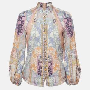 Zimmermann Multicolor Print Ramie Embellished Buttons Long Sleeve Blouse S