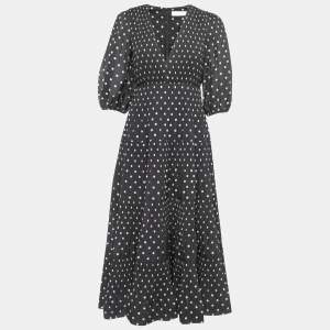Zimmermann Black Polka Dot Print Pleated Synthetic Puff Sleeve Midi Dress M