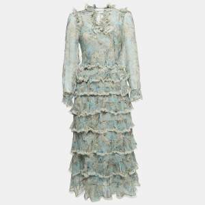 Zimmermann Blue Paisley Print Silk Tiered Ladybeetle Midi Dress M