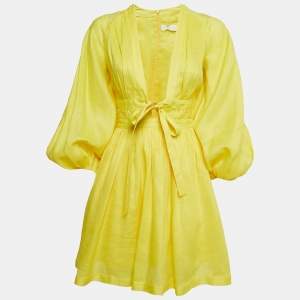 Zimmermann Yellow Linen Tie Detail Pleated Mini Dress M