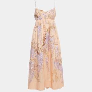 Zimmermann Light Orange Floral Print Linen Bralette Midi Dress L
