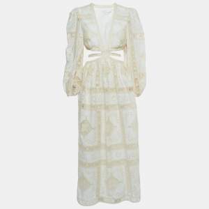 Zimmermann White Broderie Anglaise Cotton Cutout Tie-Front Midi Dress L