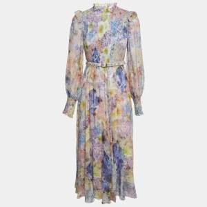 Zimmermann Multicolor Floral Print Cotton Blend Long Sleeve Belted Maxi Dress M
