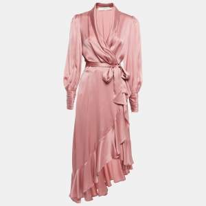 Pre Owned Zimmermann Pink Silk Wrap On Midi Dress M